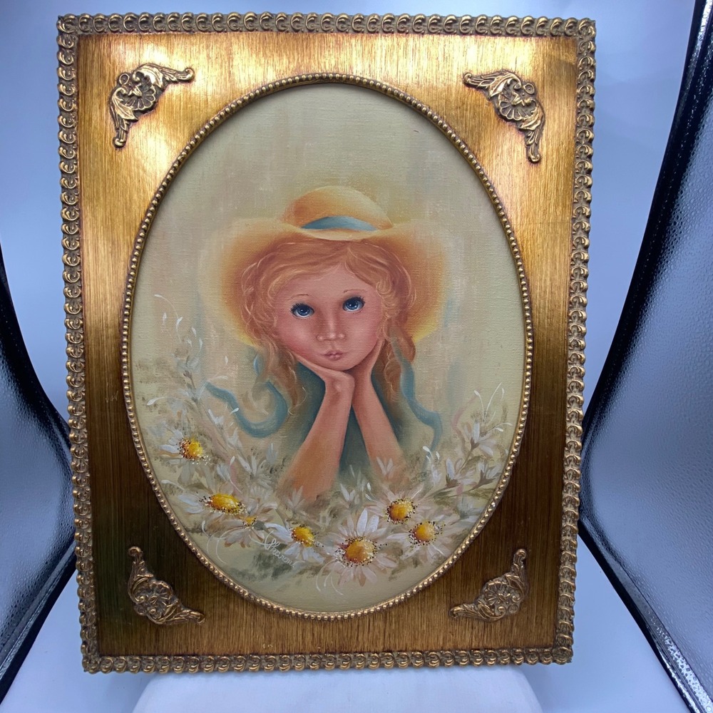 Vintage Sharon Original Oil Painting Girl Sun Hat Daisy Gold Ornate Frame 19x15